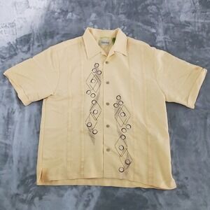 Cubavera Mens Yellow Embroidered Musical Note Pintuck Short Sleeve Shirt Medium
